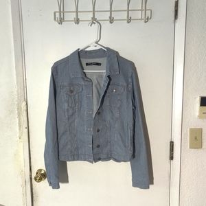 Medium Wash Max Jeans Denim Jacket with White Pinstripes in Size Large